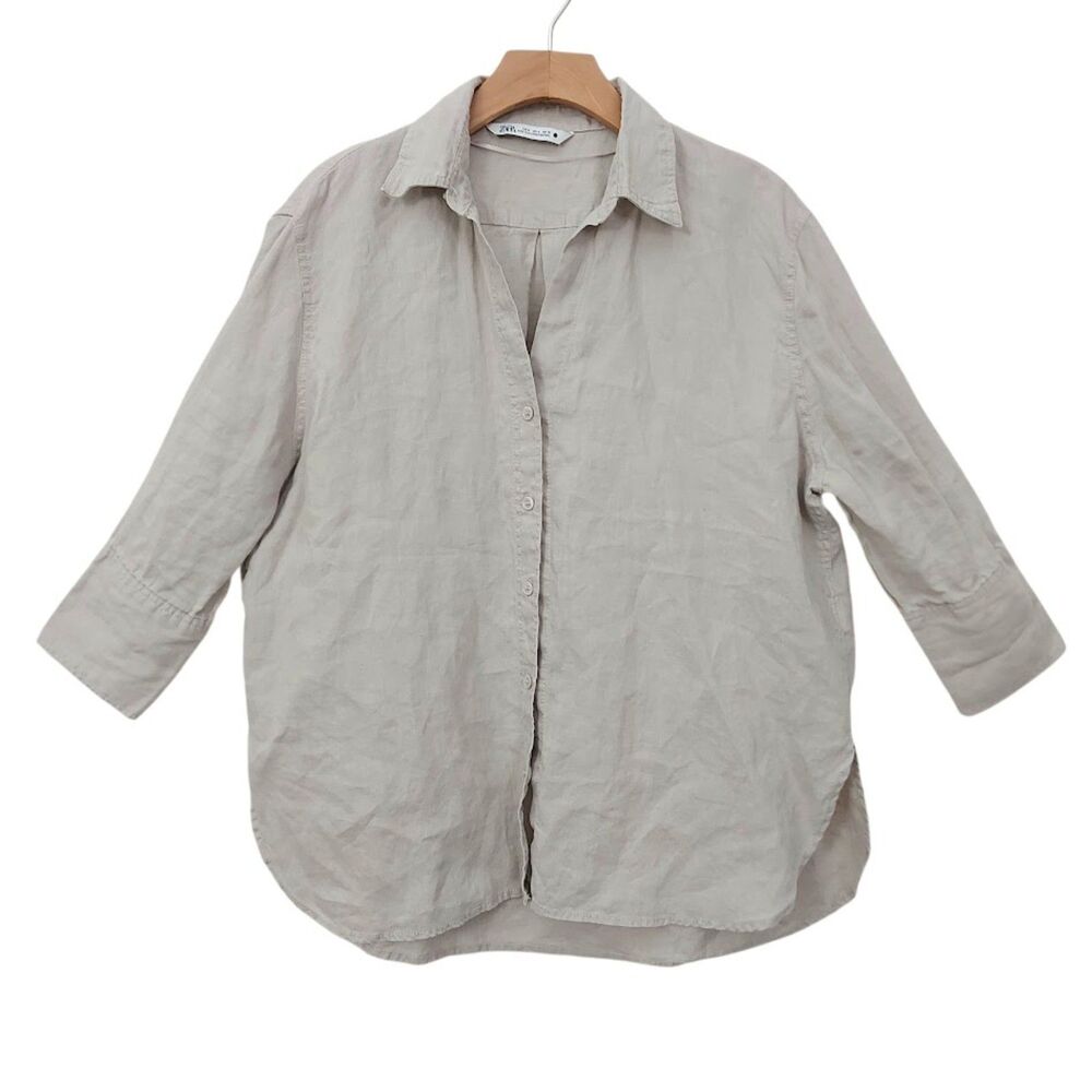 Zara Linen Shirt Womens Medium Beige Long Sleeve Button Up Boxy Coastal Boho - Picture 1 of 11